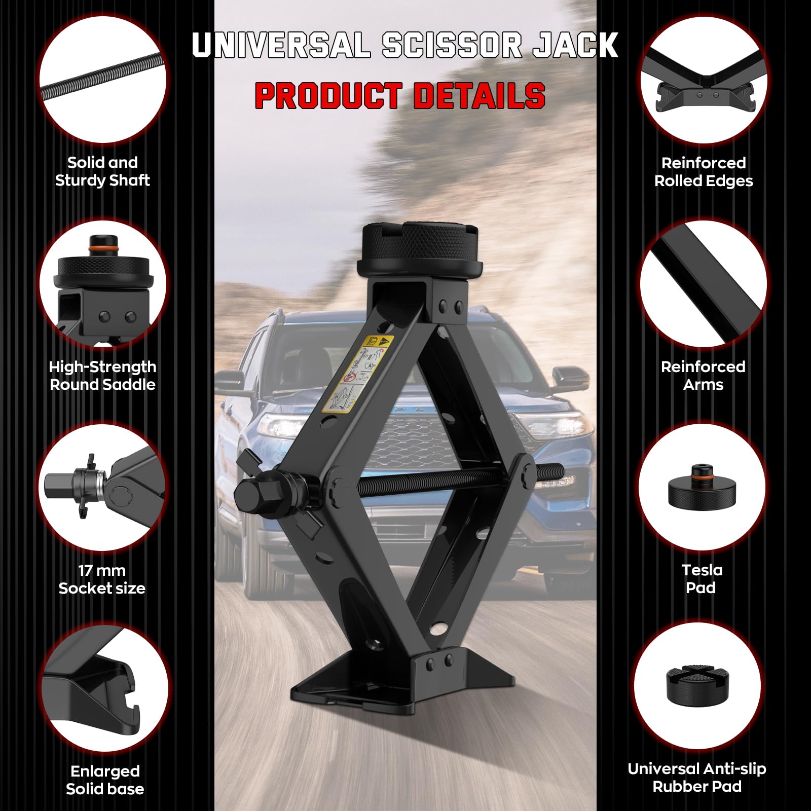 IMAYCC Gato para Coche 2.5T/2500kg, Kit de Gato Coche Universale con 2 Piezas Bloque De Goma, Gatode Tijera portátil con Llave de Tuercas de Rueda, Kit de Emergencia paraCoche SUV MPVTesla