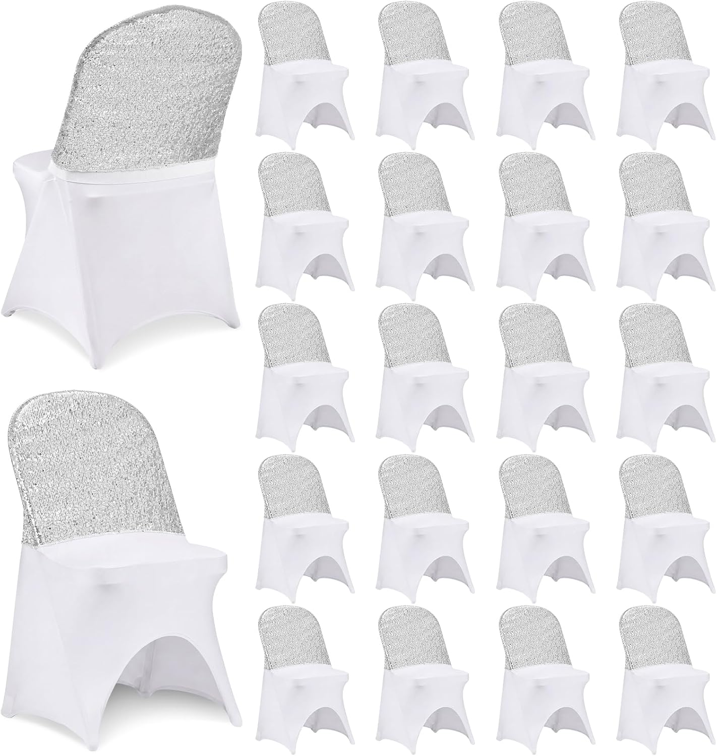 20 Pcs Silver Sequin Chair Back Covers 16x16 Inches Double Sided Glitter Stretch Folding Chair Sashes Stretch Slipcovers for Wedding Banquet Reception Baby Shower Party Decorations