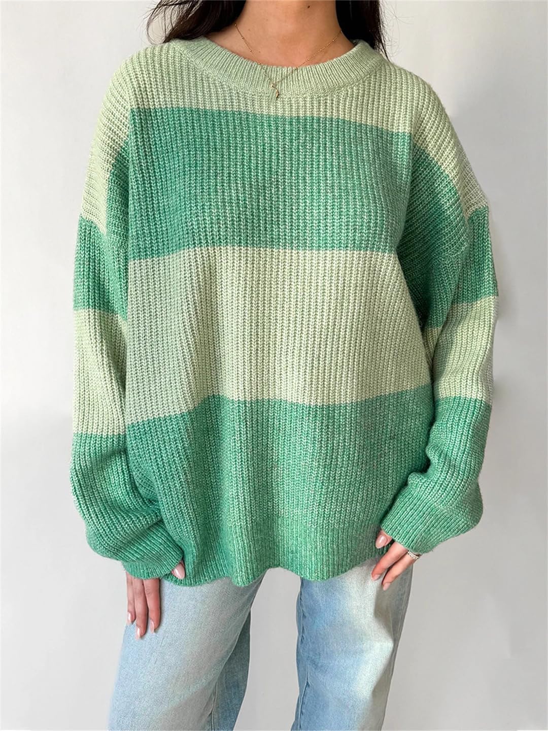 Damski sweter w jednolitym kolorze zimowy luźny długi rękaw modny dzianinowy S oversize sweter z prążkowanym okrągłym dekoltem
