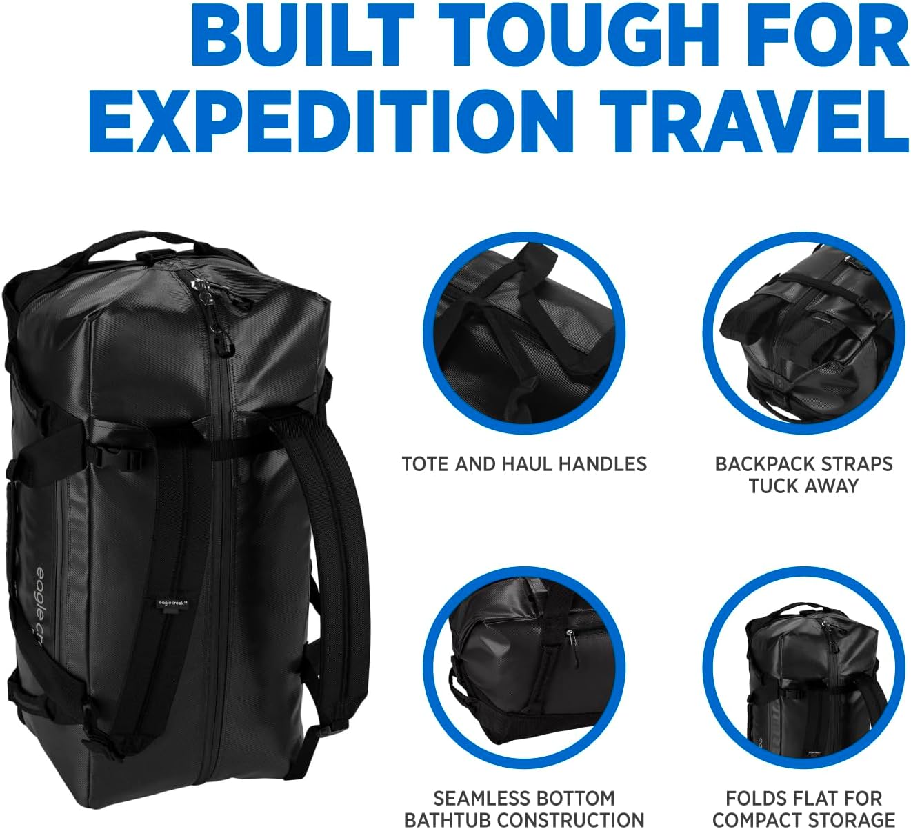 Eagle Creek Migrate 60L Travel Backpack Duffle Bag with Tuck-Away Backpack Straps, Full-Access Wide Mouth Opening & Seamless Bottom Bathtub Construction, Black