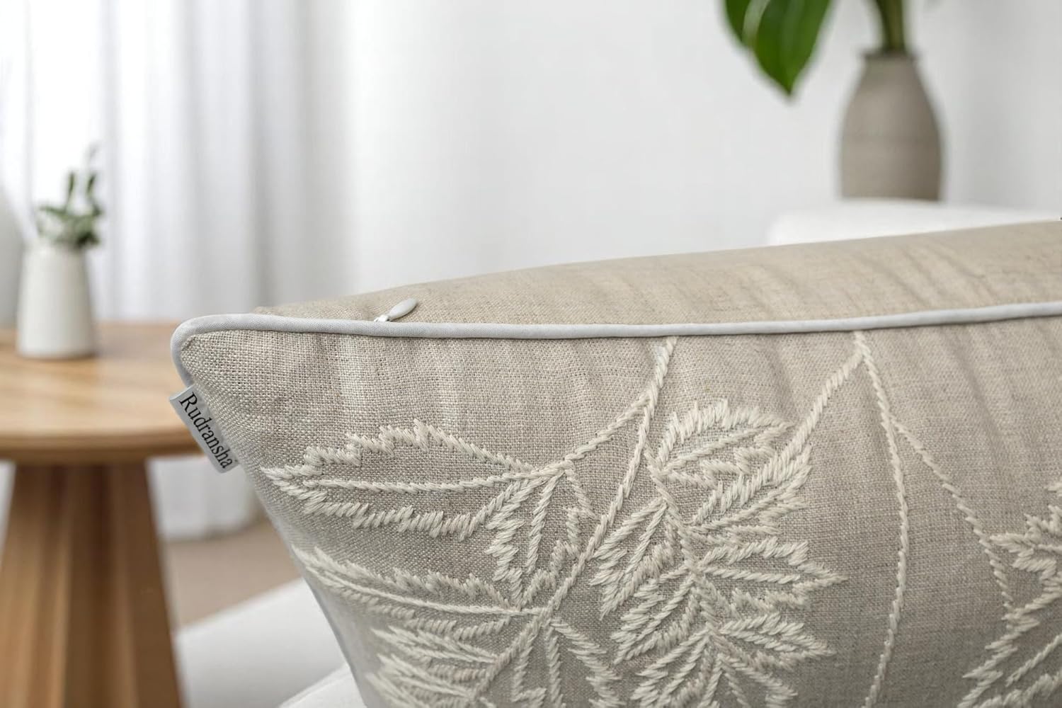 Rudransha Hand Embroidered Wildflower Throw Pillow Cover - 20x20 Inch Natural Linen - Blooming