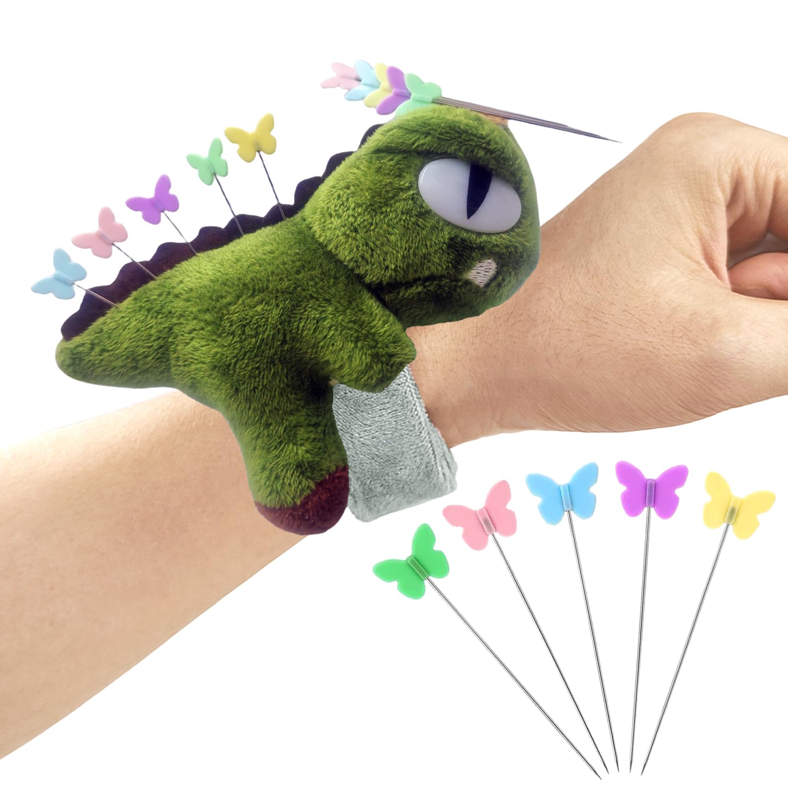 Cute Dinosaurs Wrist Pin Cushion for Sewing with Magnetic, Snap Bracelet Wrist Bands for Pins and Needles Include 50 Lovely Butterfly Straight Pins.