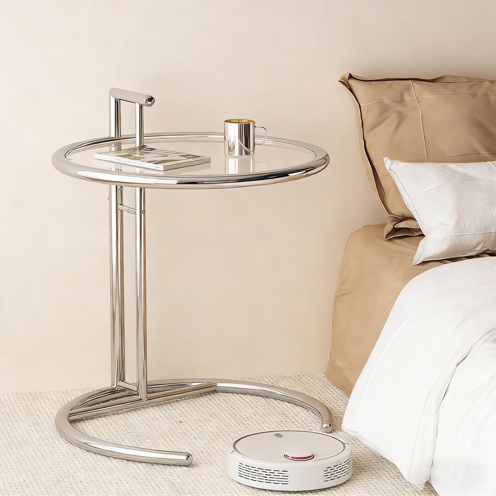 Runder Beistelltisch Aus Glas, Beistelltisch Aus Edelstahl, Snack-Beistelltischs, Nachttisch, C-Förmiger Beistelltischs Für Couch, Wohnzimmer, Schlafzimmer (Silver Clear)
