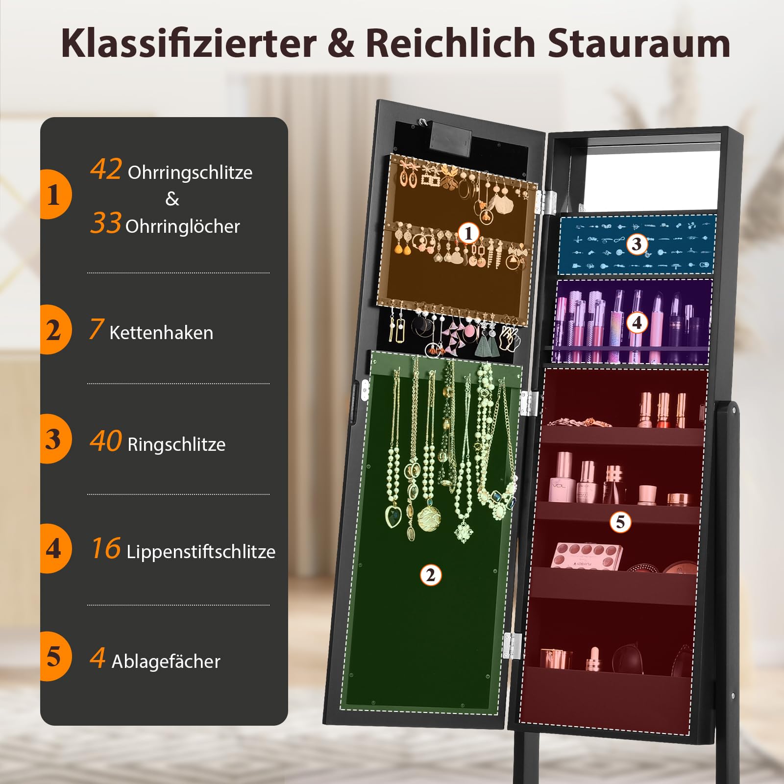 GOPLUS Schmuckschrank mit LED-Beleuchtung, Schmuckregal mit Ganzkörperspiegel & Eingebautem Spiegel, Frei Stehender Spiegelschrank, mit Stauraum für Schmuck & Kosmetika (Schwarz)