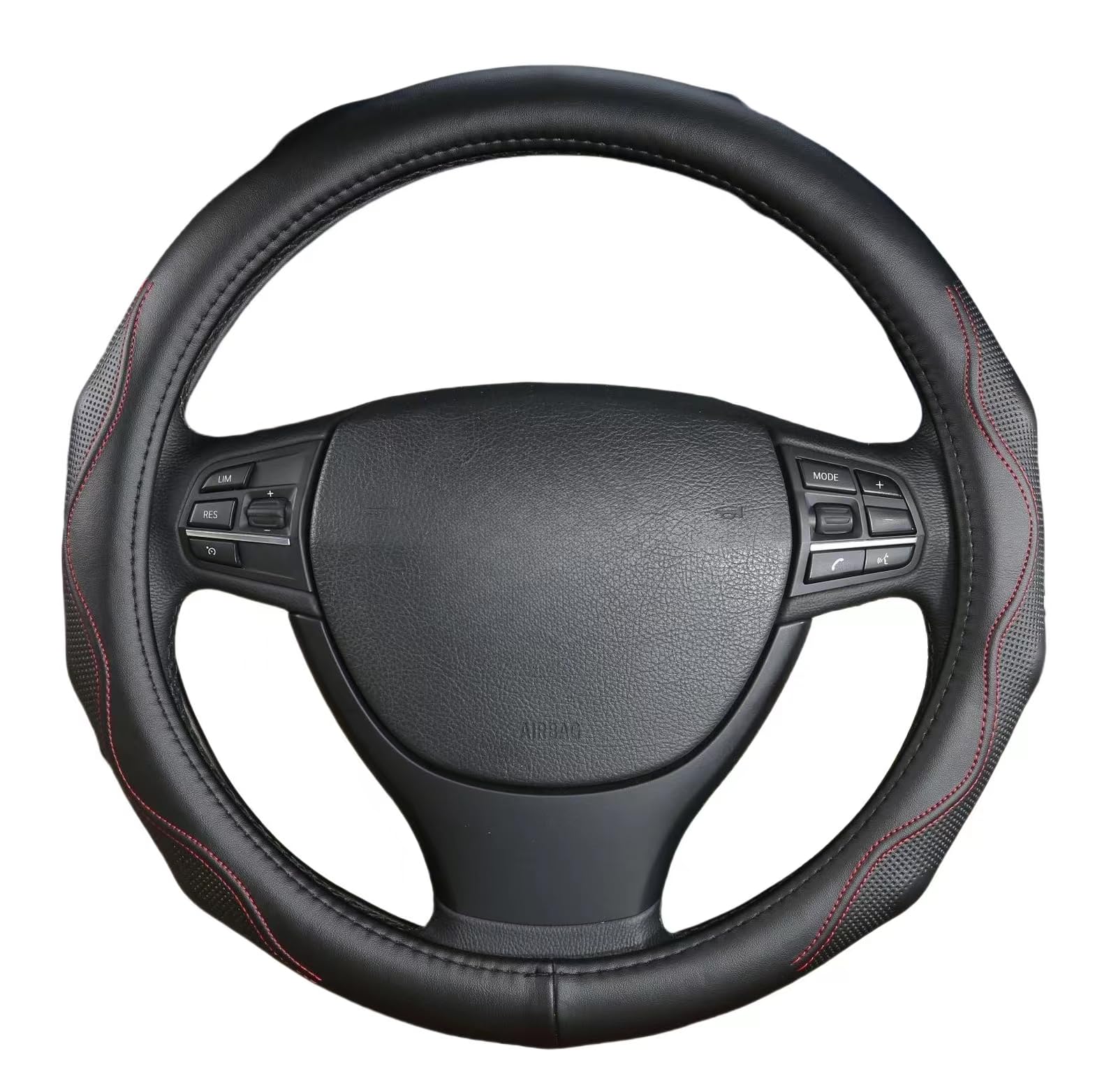 Leather with Silicone Steering Wheel Cover (Black-red Stitching, 15 inch)