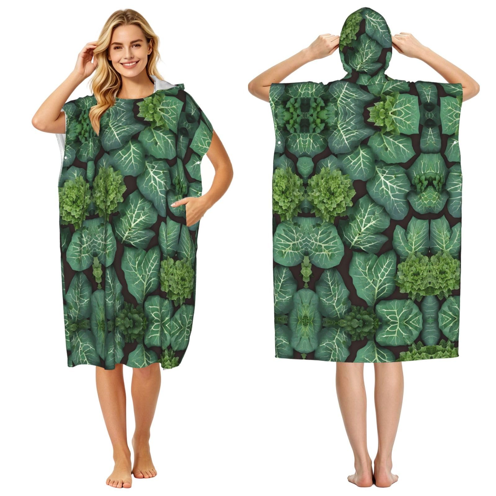 Poncho à capuche vert imprimé succulent en microfibre légère ultra absorbante