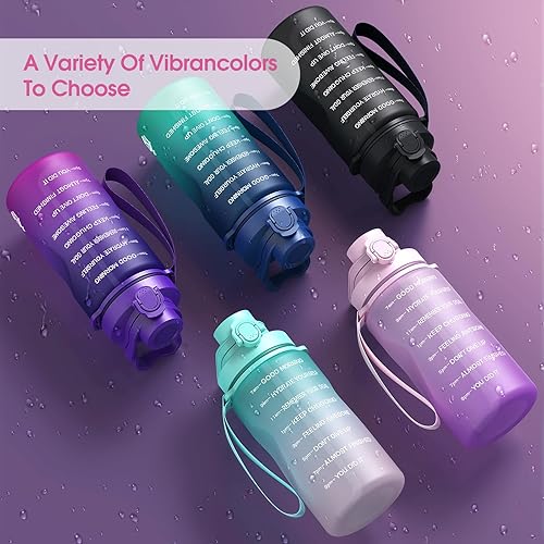 Miniatura 6 de Y&3 Botella de agua de medio galón de 64 onzas con popote y marcador de tiempo, botella de agua motivacional con asa, a prueba de fugas, jarra de