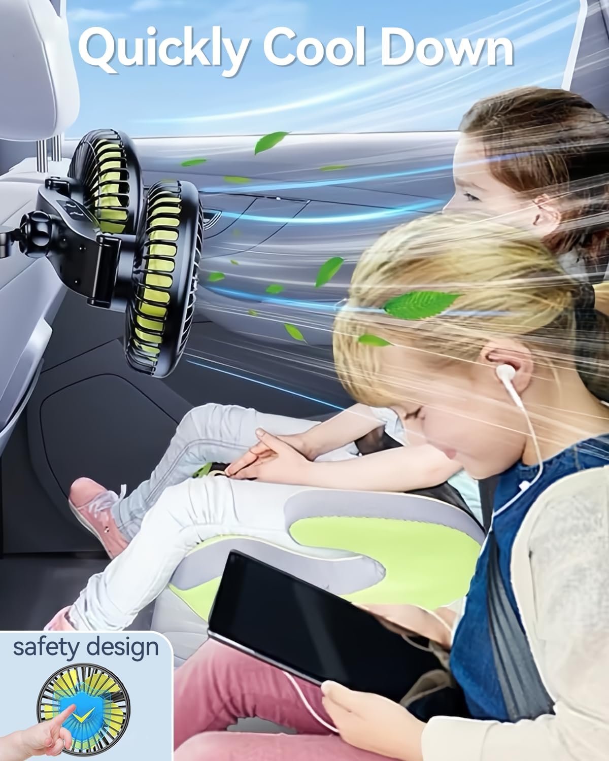 Backseat Car Fan for Kids, 360° Dual Head USB Car Fan for Back Seat, 3-Speeds Adjustable Car Backseat Fan for Sedan SUV RV Truck（2 Pack）