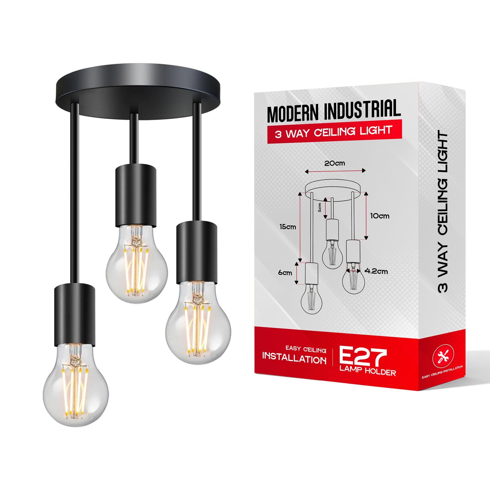 DC VOLTAGE Industrial 3-Way Ceiling Light Fitting Black Metal E27 Base Pendant Lamp with Adjustable Cords Semi Flush Mount Fixture for Living Room Bedroom Restaurant