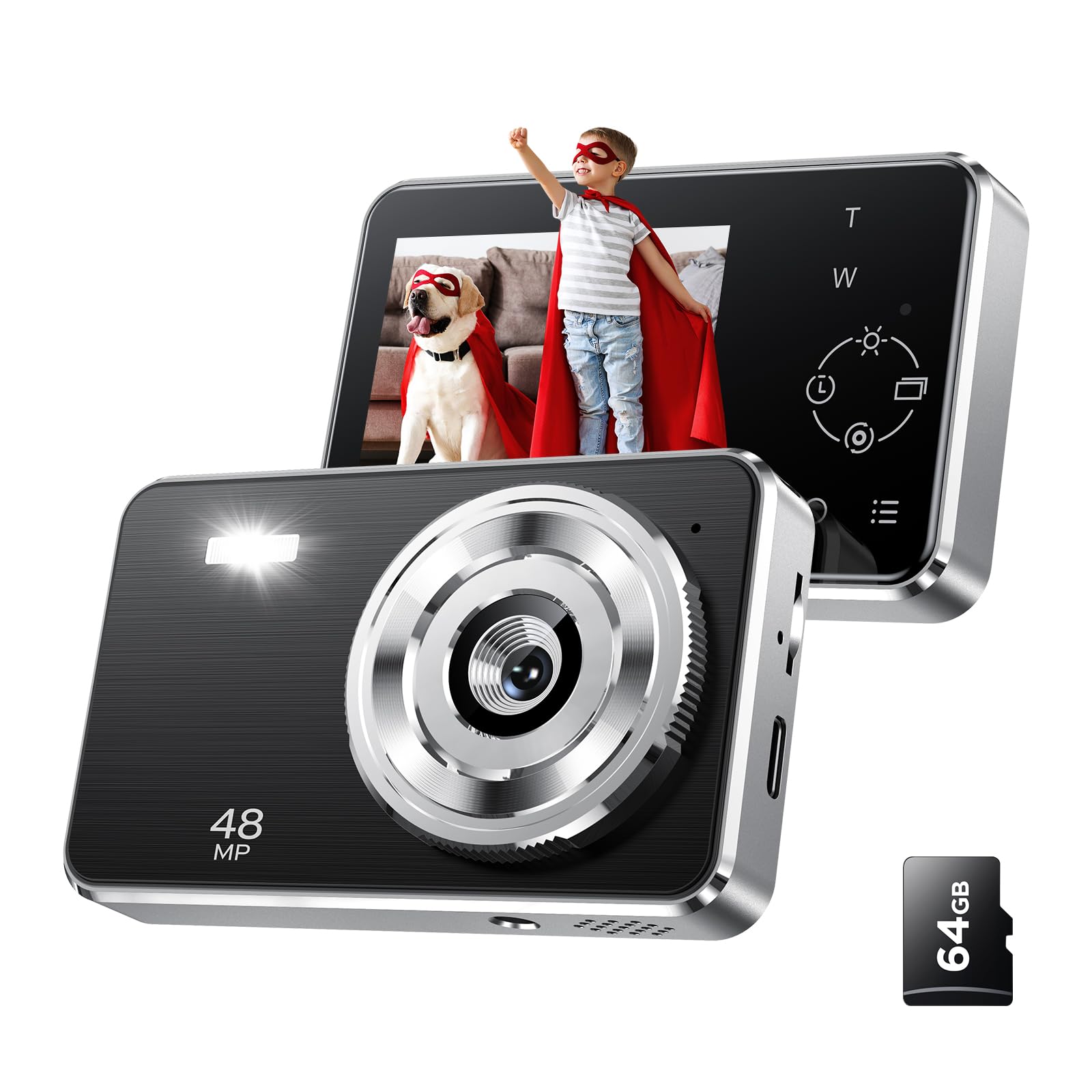Cámara digital-FHD 1080P para niños, tarjeta TF de 64 GB, enfoque automático de zoom de 16x con bolsa de cámara, lector de tarjetas incluido (negro)