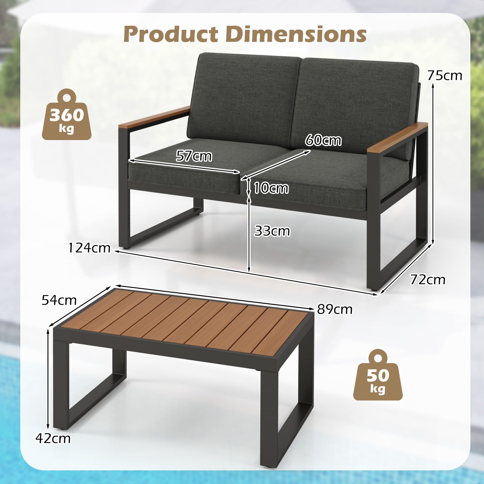 GIANTEX Set di mobili da giardino da balcone, resistente alle intemperie, con telaio in alluminio, set da 2 posti, divano e tavolino da caffè, con cuscino, set da balcone per 2 persone, set da