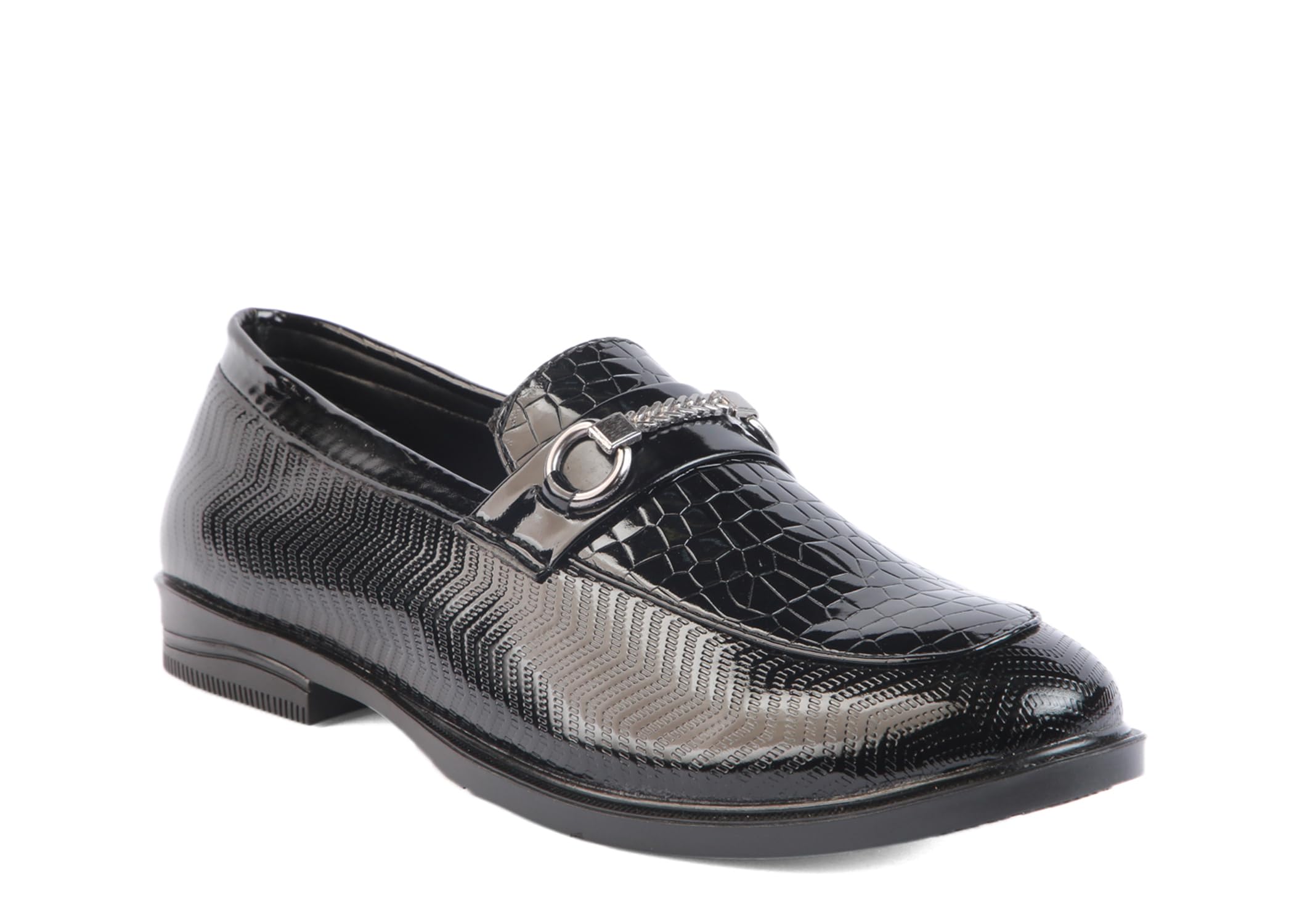 Luxury Men’s Black Loafer Shoes – Shiny Patent Leather Slip-Ons with Metal Buckle