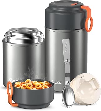 2-Pack Thermo for Hot Food 17oz & 27oz - 10H Hot & Cold, Leakproof, Dishwasher Safe Insulated Food Container, Soup Thermo for Adults - with Spoons & Bags for Office, TravelGrey