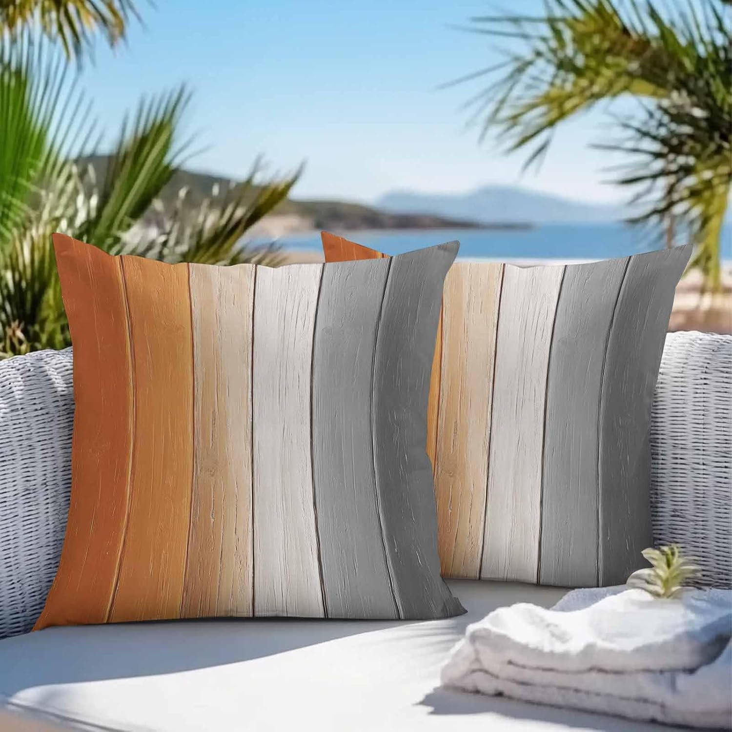Throw Pillow Covers 18x18 Inch Set of 2, Burnt Orange Gray Ombre Waterproof Outdoor Cushion Covers, Vintage Farmhouse Wooden Decorative Pillowcases for Couch, Sofa, Bed, Garden, Patio