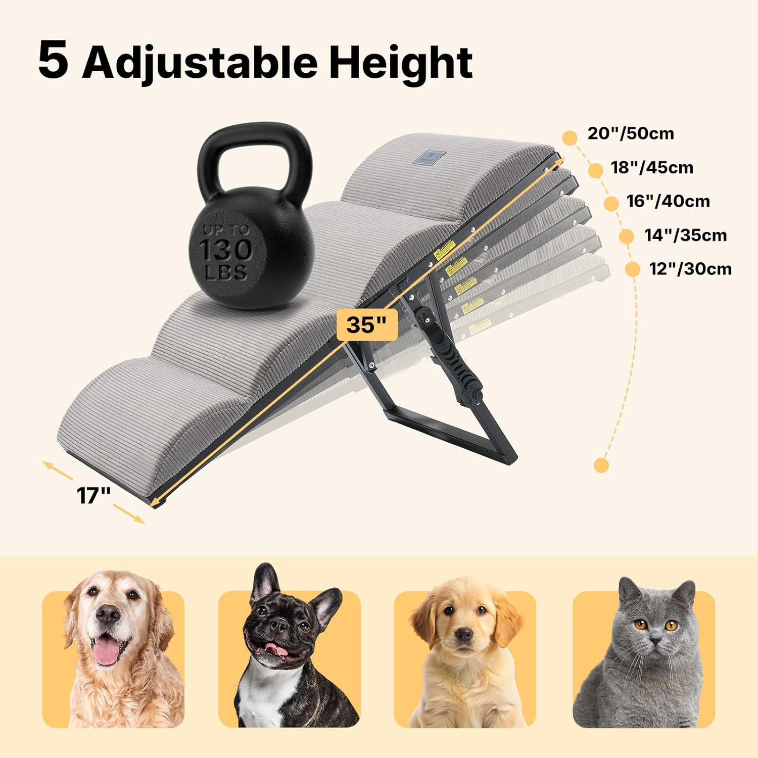 veehoo dog ramp for bed couch for small to large dog, foldable ramp for dogs to get on bed 5 adjustable height from 12" to 20", pet cat stairs doggy steps non slip with metal frame, up to 130lbs light gray 35" l x 17" w x 12"-20" h