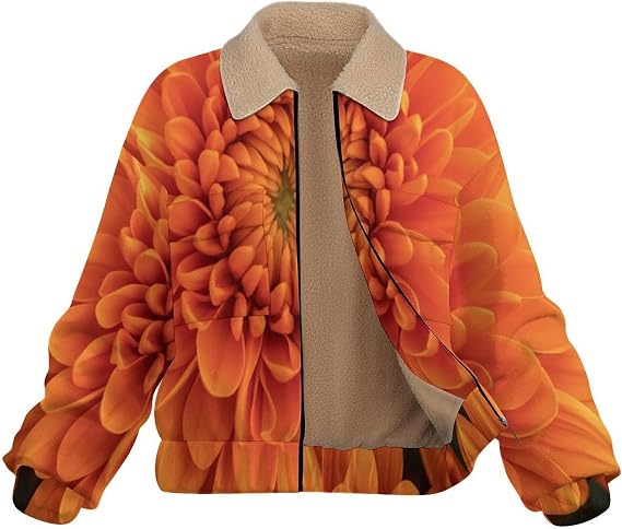 Women's Full Zip Soft Polar Fleece Jacket, Orange chrysanthemum Printed Coat, Long Sleeve Comfortable Outerwear