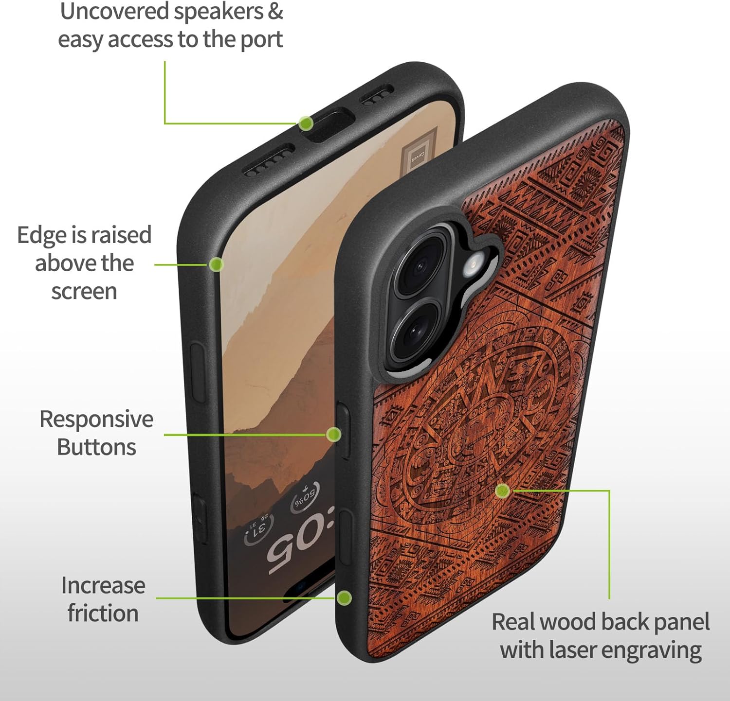 Carveit Magnetic Wooden Case for iPhone 16 Case, Wood Artisan Engraved & Black Soft TPU Shockproof Cover, Compatible with MagSafe Wireless Chargers (Aztec Calendar) Rosy