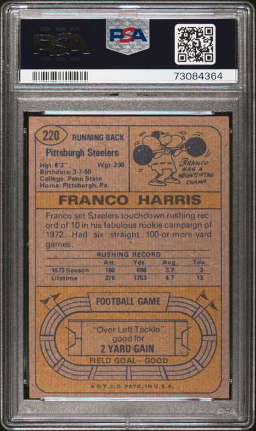 Graded 1974 Topps Franco Harris #220 2nd Year Football Card PSA 7 Near Mint