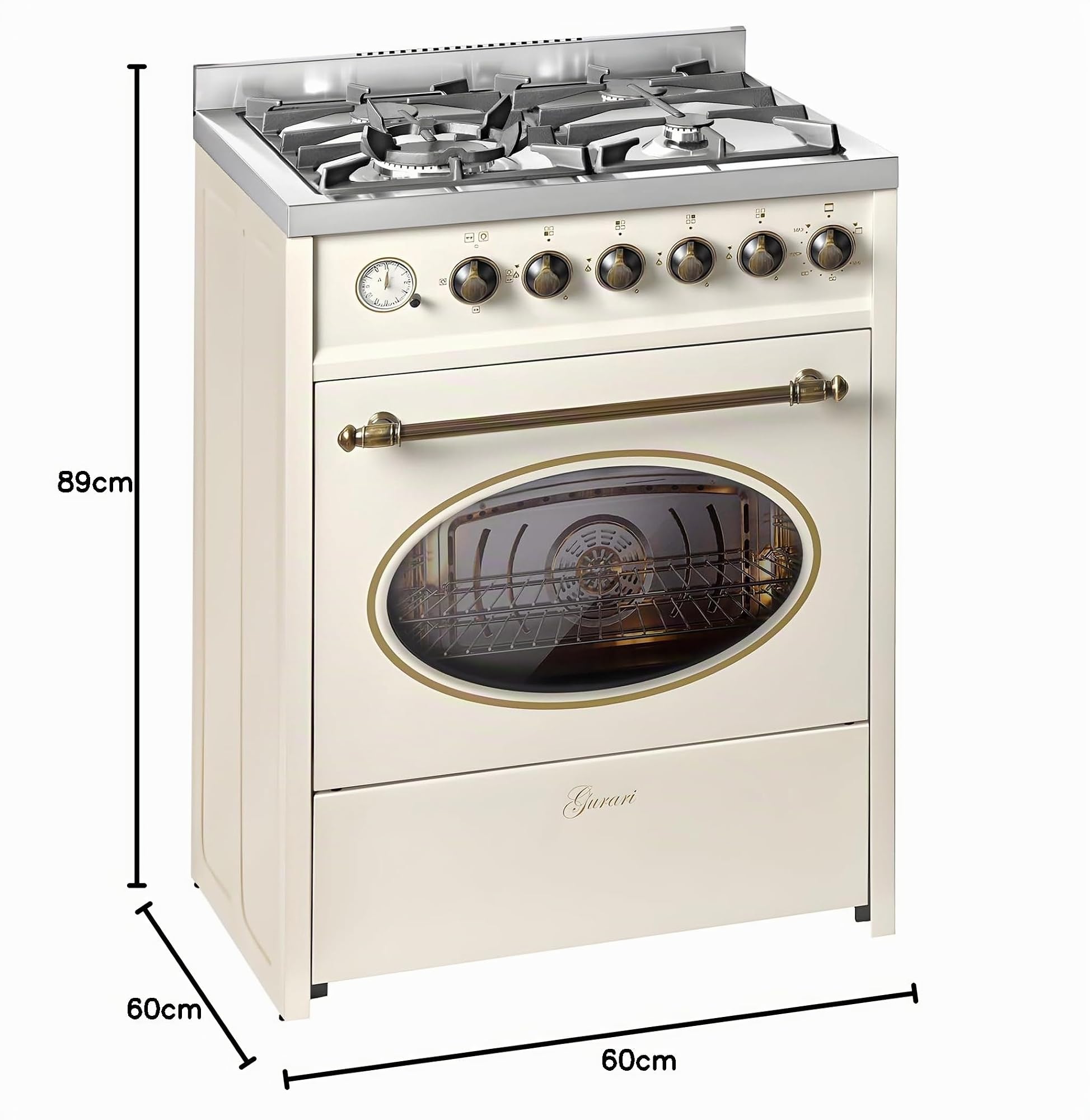 GURARI Gas Standherd 60 cm GCH E 614 Creme Gasherd mit Elektrobackofen | Drehspieß | Elektro-Analog-Timer mit STOP-Funktion | Schublade mit Push-Pull | Gas Control | Range Cooker Erdgas/Propan
