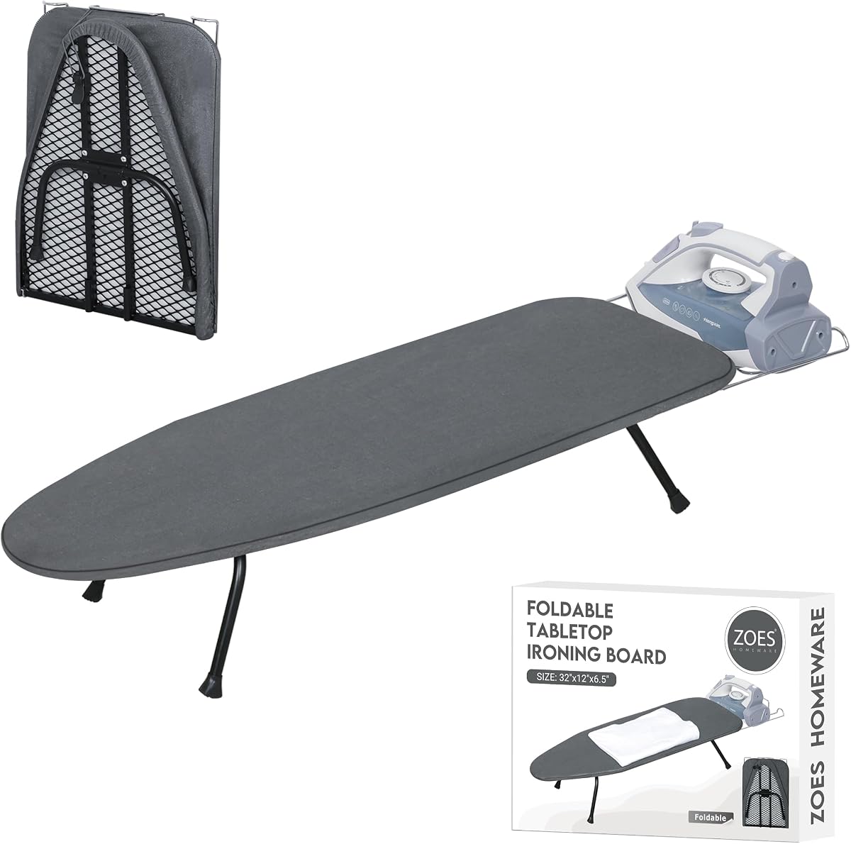 ZOES HOMEWARE Metal Mesh Panel Tabletop Ironing Board | Foldable Iron Board | Heavy Duty Small Iron Board with Heat Resistant Cover and 100% Cotton 8mm Thicken Pad | 31.5"x11.8"x6.2" | Foldable Heavy Duty Small Iron Board with Heat Resistant Cover and 100% Cotton 8mm Thicken Pad | 31.5"x11.8"x6.2"