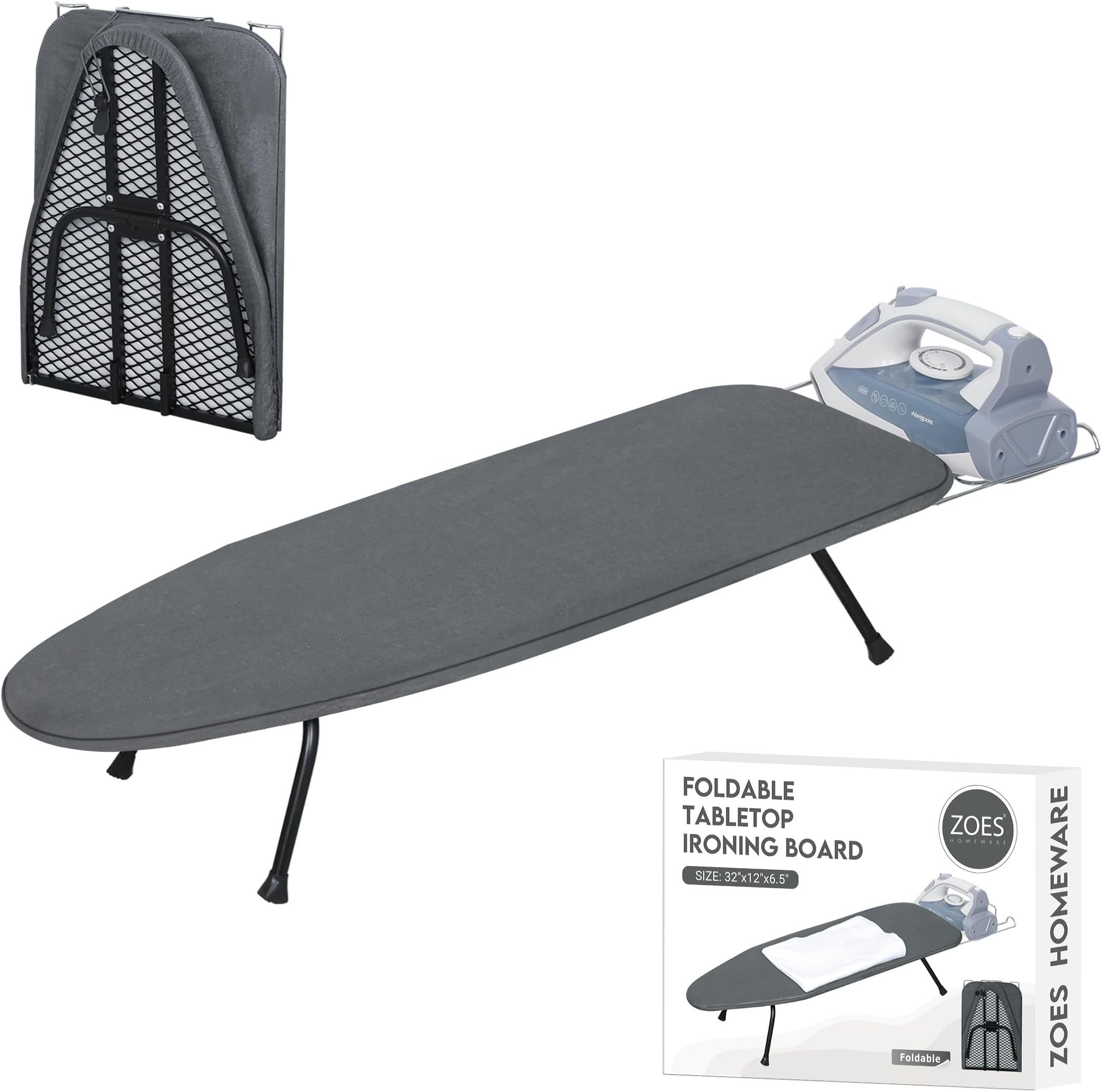 ZOES HOMEWARE Metal Mesh Panel Tabletop Ironing Board | Foldable Iron Board | Heavy Duty Small Iron Board with Heat Resistant Cover and 100% Cotton 8mm Thicken Pad | 31.5"x11.8"x6.2"