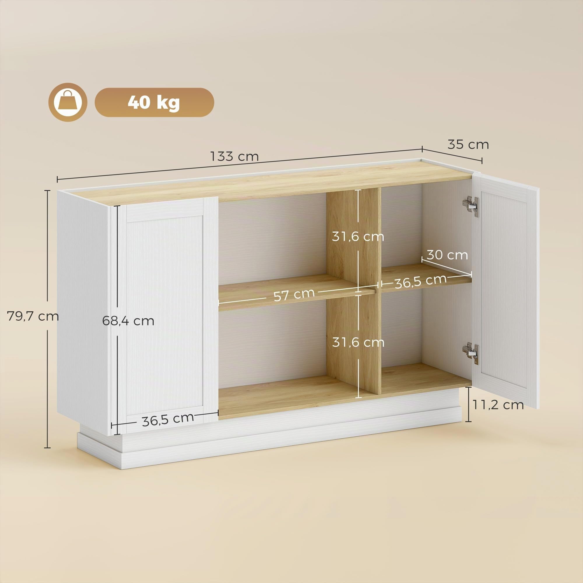 HOMCOM Buffet Cuisine 2 Portes 133 x 35 x 79,7 cm Bois Naturel et Blanc