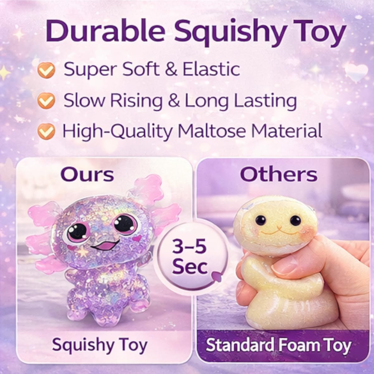 Axolotl Squishy Toy, Slow Rising Squishy Squeezy Axolotl，Sugar Filled Squishy Stress Ball，Stress and Anxiety Relief，an Ideal Gift for Activities and Parties—Suitable for Students and Adults.（Purple）