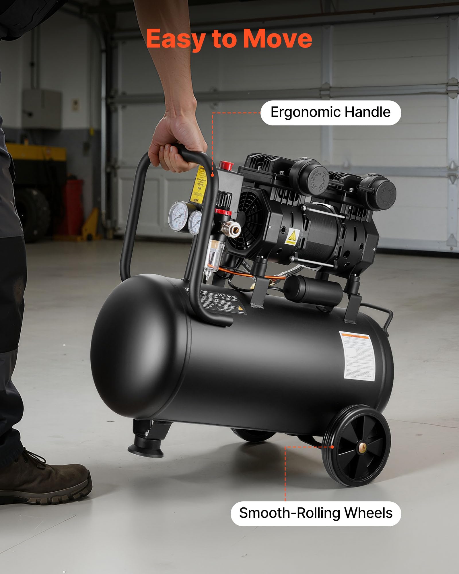 VEVOR Compresor de Aire Portátil con Depósito 30 L sin Aceite, Motor de 1,5 kW, 126 L/min a 6,2 bar, Presión Máxima 8 bar, con Ruedas para Reparación, Taller, Garaje, Inflado y Herramientas Neumáticas