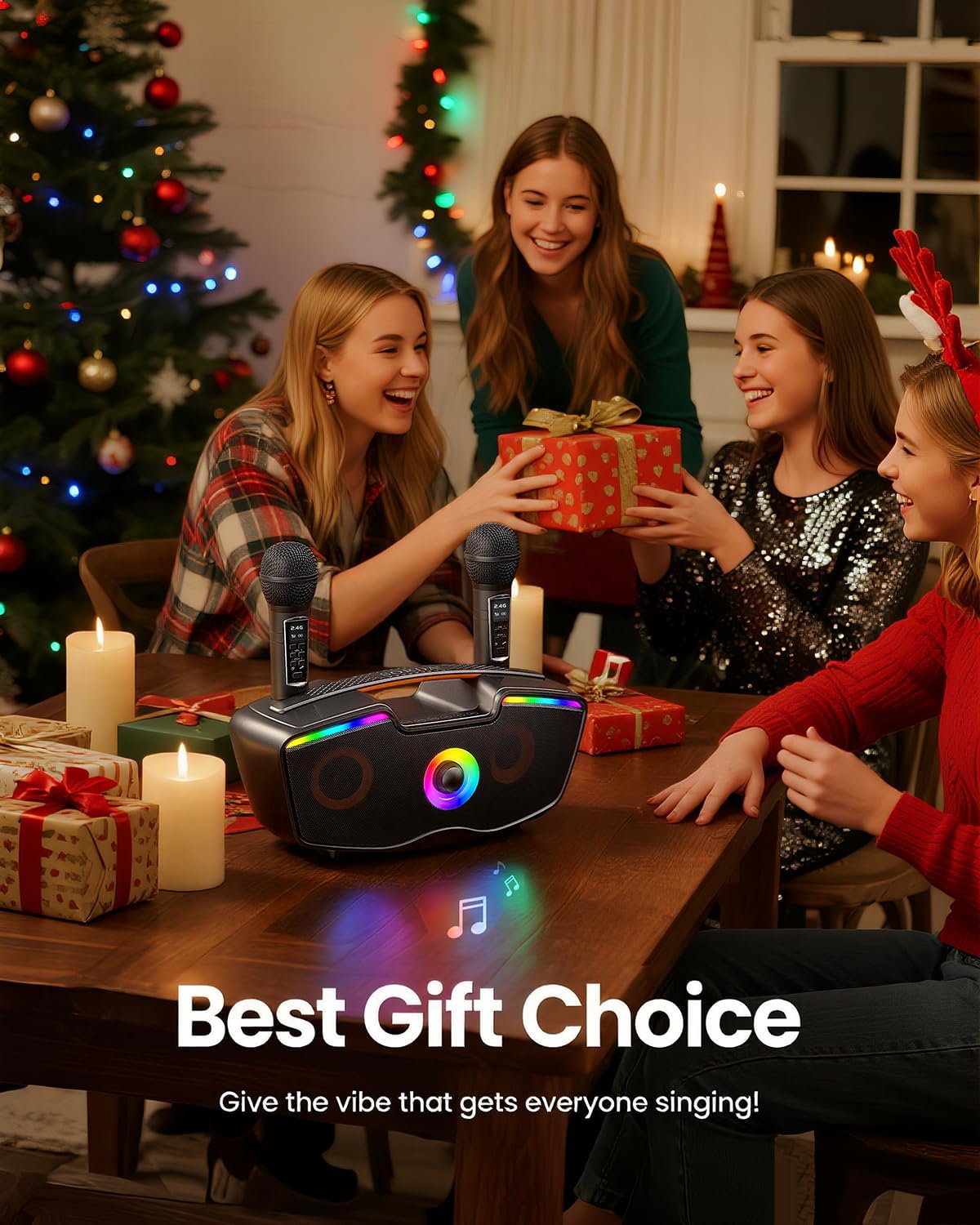 Bluetooth Karaoke Machine for Adults & Kids, 80W Portable Speaker with 2 Wireless Microphones, Echo Adjustment, Support USB/AUX/TF Card, for Outdoor/Indoor Gathering Gifts - Image 9