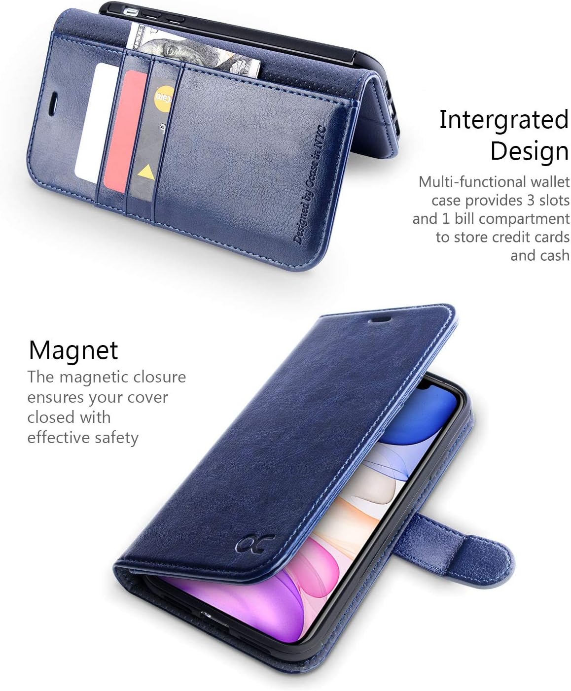 OCASE Compatible with iPhone 11 Wallet Case with Card Holder, PU Leather Flip Case with Kickstand and Magnetic Closure, TPU Shockproof Interior Protective Cover 6.1 Inch 2019 (Blue)