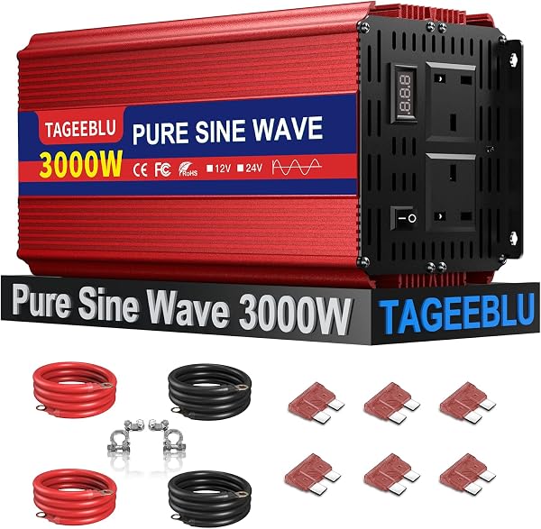 Pure Sine Wave Power Inverter 3000w DC 24V to AC 240V Voltage Converter with 2 AC Outlets,Digital display screen,for Motorhomes,Trucks,Boats,Camping,6000W Peak Power - 1