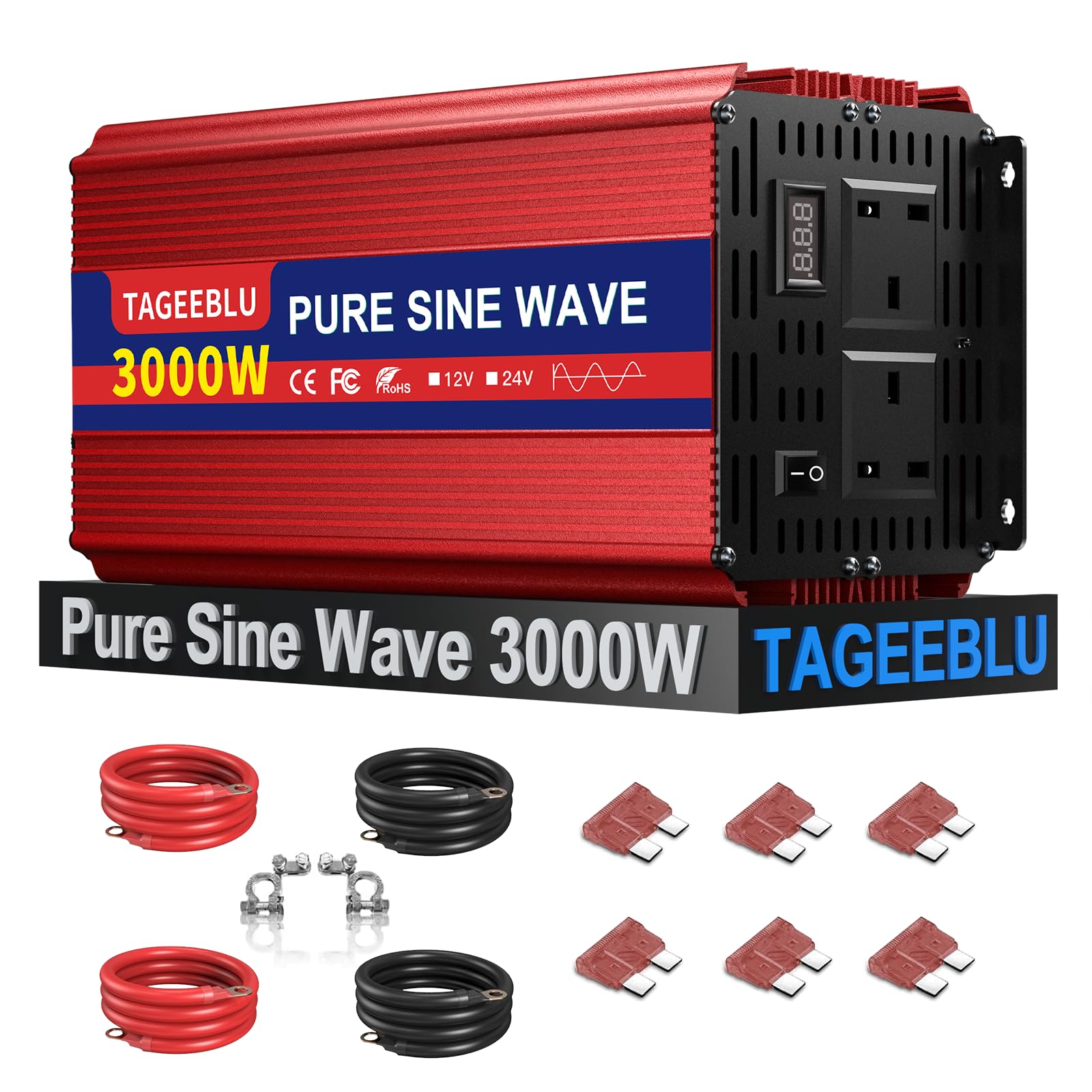 Pure Sine Wave Power Inverter 3000w DC 24V to AC 240V Voltage Converter with 2 AC Outlets,Digital display screen,for Motorhomes,Trucks,Boats,Camping,6000W Peak Power