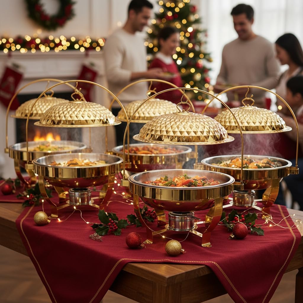 Gold Round Chafing Dishes 4 Sets for Buffet, 6.3Qt Stainless Steel Buffet Servers with Hanging Lids, Chafers & Buffet Warmers Set for Parties, Catering and Events