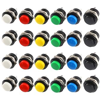 Mini Momentary Push Button Switches, 24 PCS Round Push Buttons 16mm, Self-Resetting Mini Push Buttons, Red, Green, Yellow, Blue, White, Black, 3a 250v Ac, 2-Pole For Automotive, Gaming And Industr