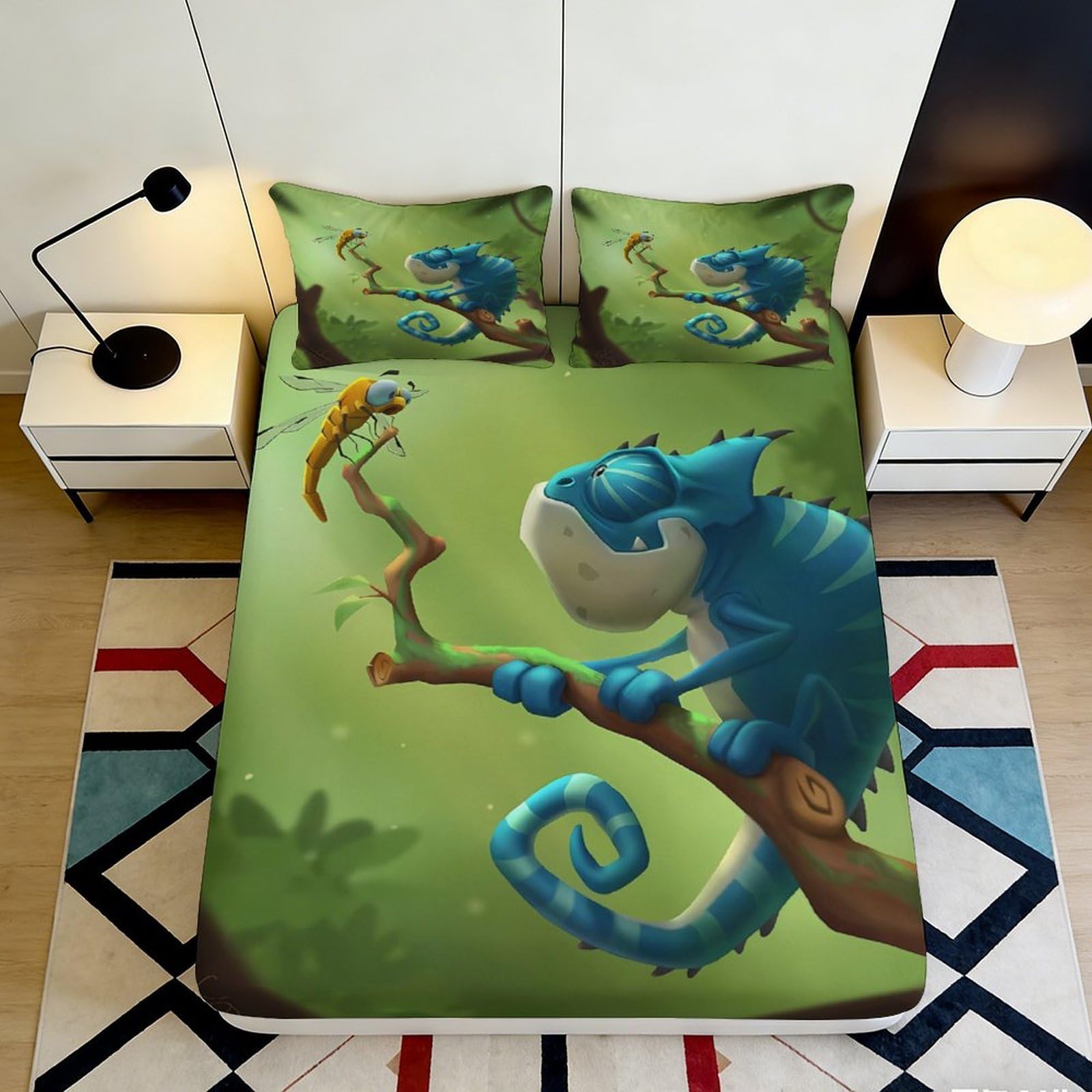 3D Printed Chameleon Fitted Sheet Microfiber Soft Breathable Dragonfly Mattress Cover for Bedroom Dormitory Guest Room Mattress Protection Decor 200x200x25cm