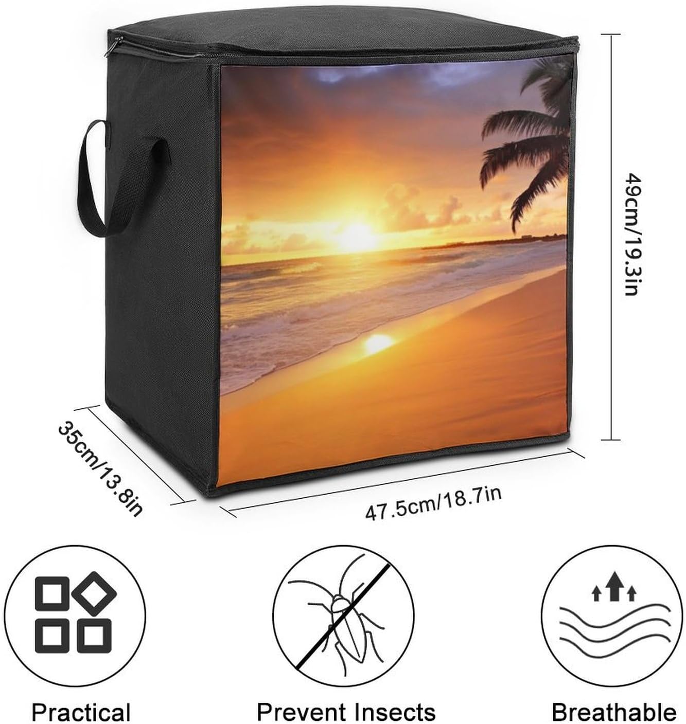 Quilt Storage Bag,Tropical Beach Sunset Printed Large Foldable Storage Container Portable Travel Storage Bag for Blankets, Quilts, Clothes, Comforter, Bedding And Pillows