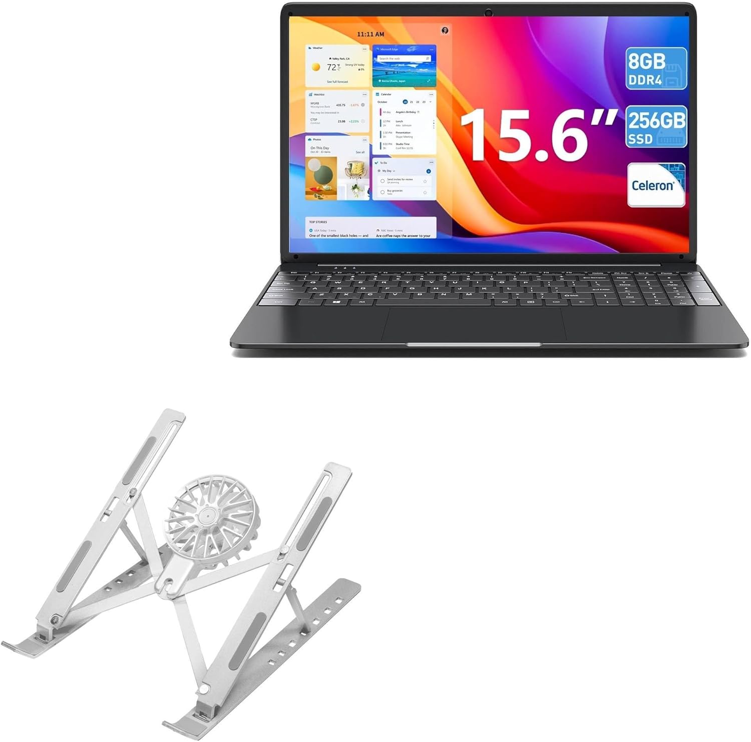BoxWave Stand and Mount Compatible with Naclud M15PRO (15.6 in) - QuickSwitch Stand with Cooling Fan, Portable, Multi Angle Viewing Ventilator - Metallic Silver
