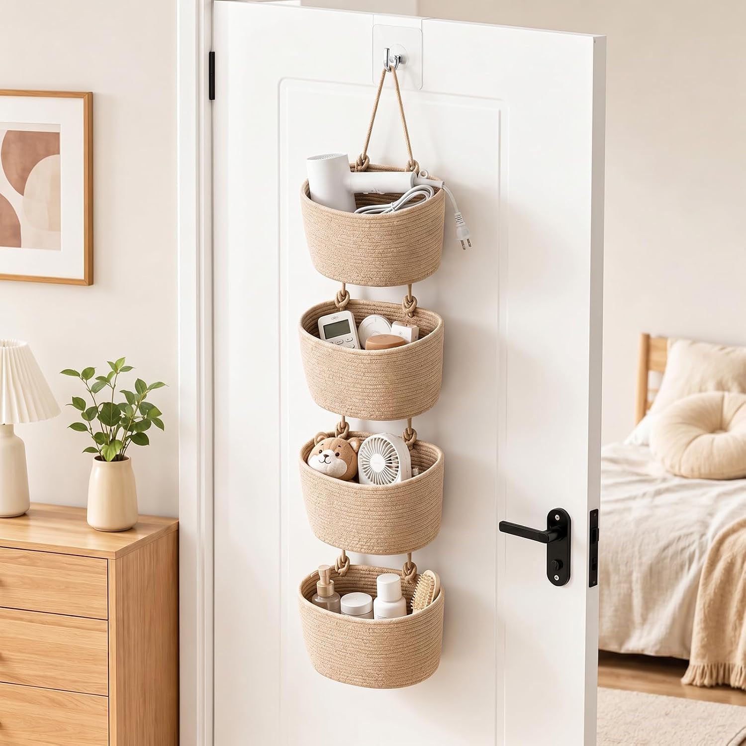 4 Tier Wall Mounted Woven Hanging Basket, Over The Door Hanging Basket Wall-Mounted Woven Storage Organizer Bag Decorative Hanging-Nursery Baskets for Living Room, Bedroom, Kitchen