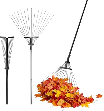 BARGAIN FACTORY Telescopic Garden Rake, 170cm Adjustable Lawn Rake with 15 Tines, Black, for Leaves and Yard Clean Up