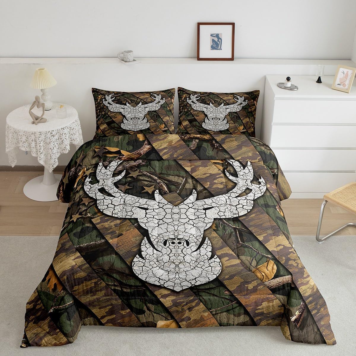 Camouflage Deer Twin Bedding Set for Boys, Deer Camo Antlers Hunting Print Natural Comforter Set for Kids Teens Adult, Western Farmhouse Wild Animal Comforter with 1 Pillowcase 2Pcs Bedding