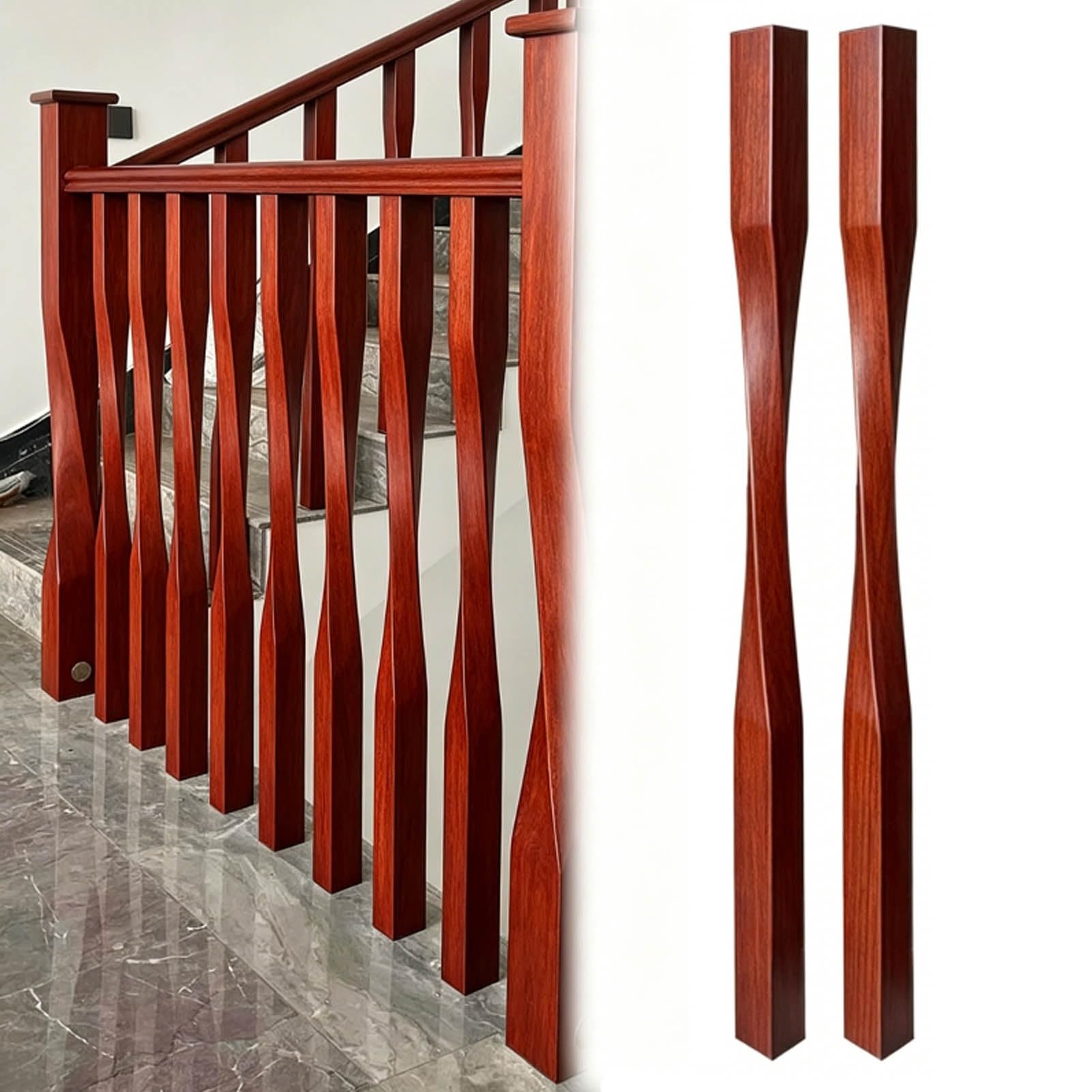 JFBLSD Solid Wood Stair Balusters, Indoor Stair Railing Spindles 37 Inch, Contemporary Staircase Spindles Bundles Handrail Parts, Twist Pole Square Column Post/Handrails(Red,2Pcs)