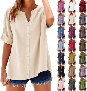Cotton Linen Shirts for Women 2026 Summer Short Sleeve V Neck Button Down Tops Dressy Casual Oversized Blouses