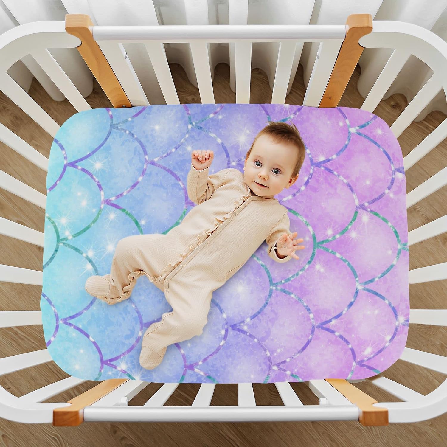 Moudou Purple Mermaid Crib Sheet for Boy Girls, Soft Breathable Fitted Toddler Sheet for Standard Crib Bed Mattress, 52 x 28 x 9 Inch