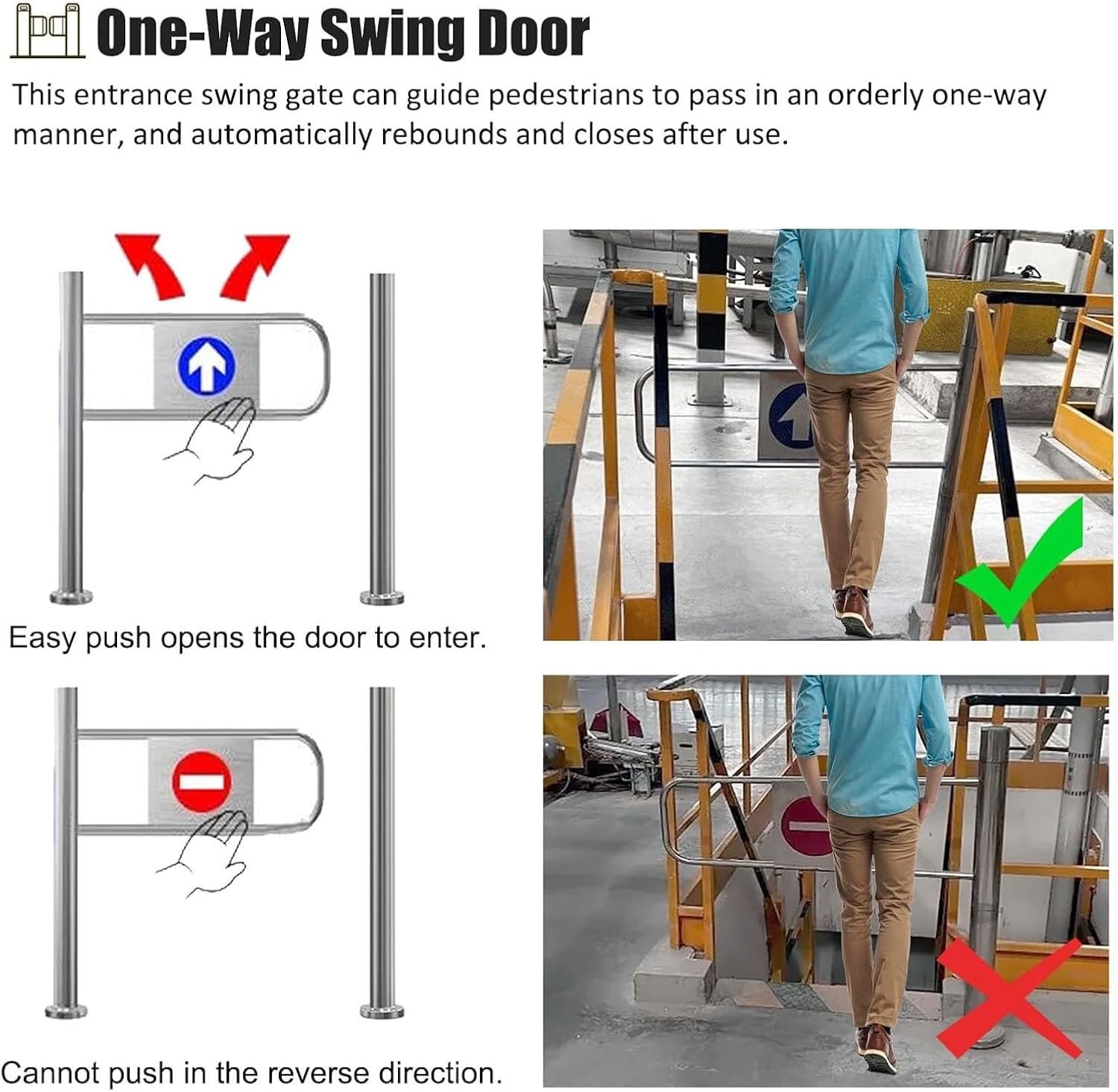 Stainless Steel Automatic Swing Safety Gate for Supermarkets - One-Way Push-Only Entrance Door for Libraries Stores and Shopping Malls (110cm/44in)