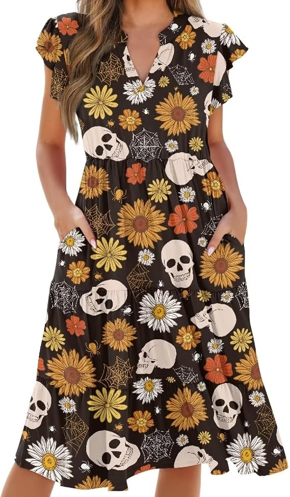 Women's Elegant Flowy Dress Casual Floral Sundress V-Neck Short Sleeve Dresses A-Lined Tiered Midi Dresses