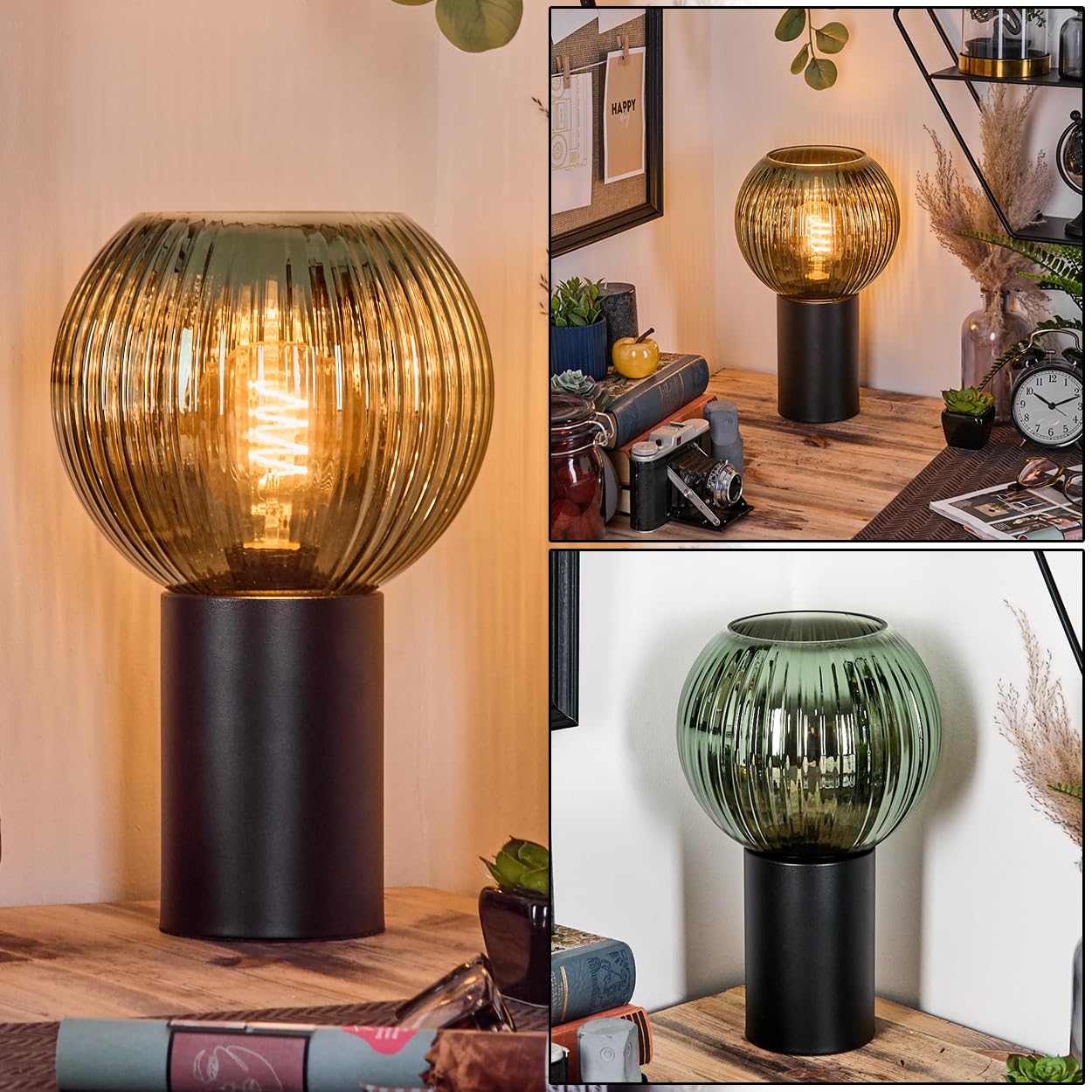 Lampe de table Koyoto HOFSTEIN, en métal/verre ondulé noir/vert, lampe au design rétro/vintage avec abat-jour en verre (Ø 20 cm), E27, salon, chambre à coucher, salle à manger, couloir, bureau