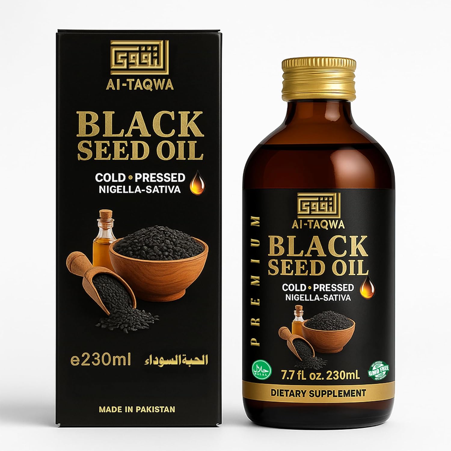 AL-TAQWA Black Seed Oil – Extra Virgin Nigella Sativa (Kalonji) Oil for Hair, Skin & Wellness – Cold-Pressed, Unrefined, Non-GMO, Vegan, Halal – 7.77oz (230ml) Amber Glass Bottle