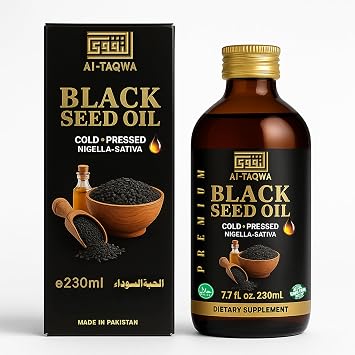 AL-TAQWA Black Seed Oil Extra Virgin Nigella Sativa Kalonji Oil for Hair, Skin & Wellness Cold-Pressed, Unrefined, Non-GMO, Vegan, Halal 7.77oz 230ml Amber Glass Bottle