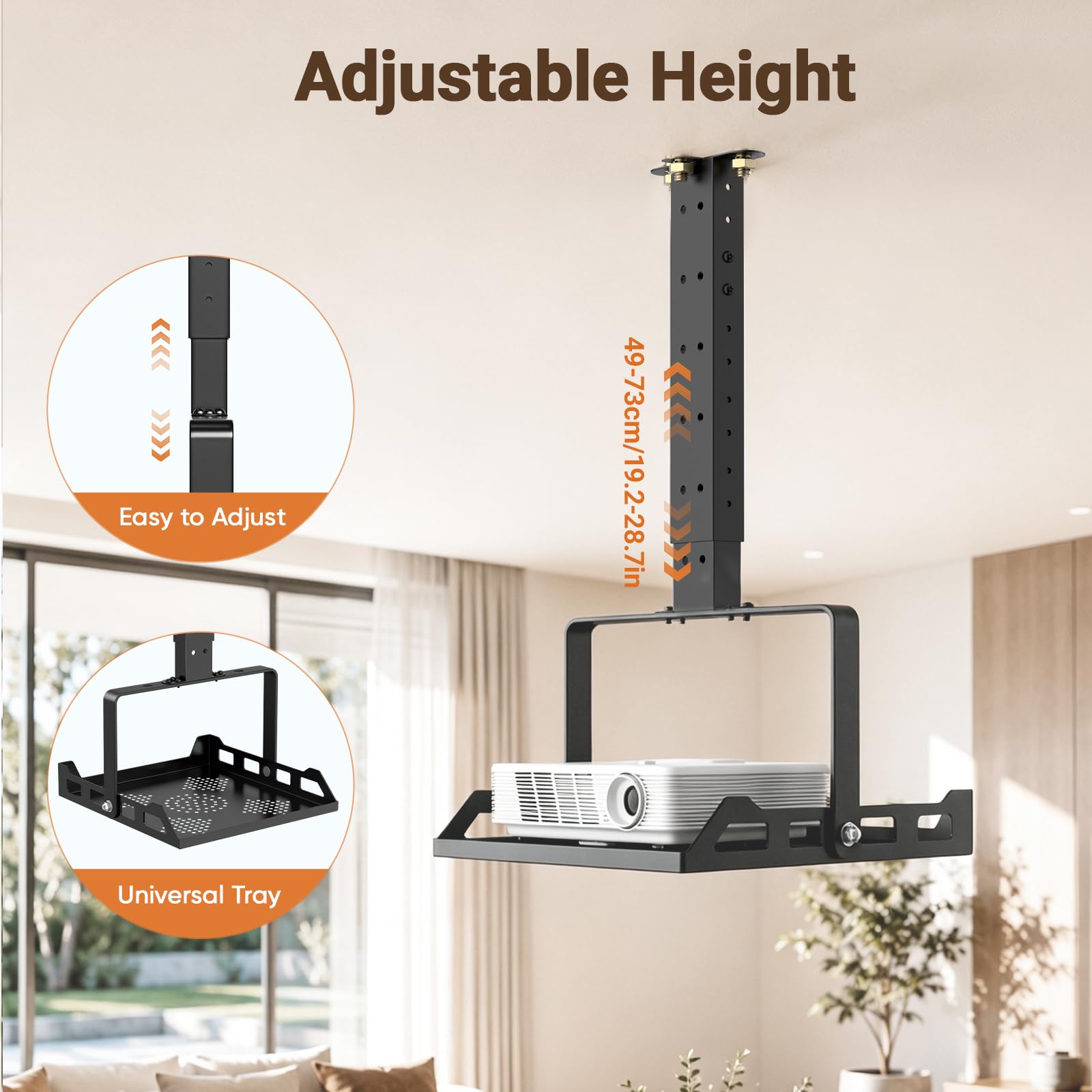 Support de projecteur pour plafond et mur, réglable (49-73 cm) avec plateau inclinable à 360°, charge maximale de 10 kg, guide de câble intégré pour home cinéma, bureau et salle de classe