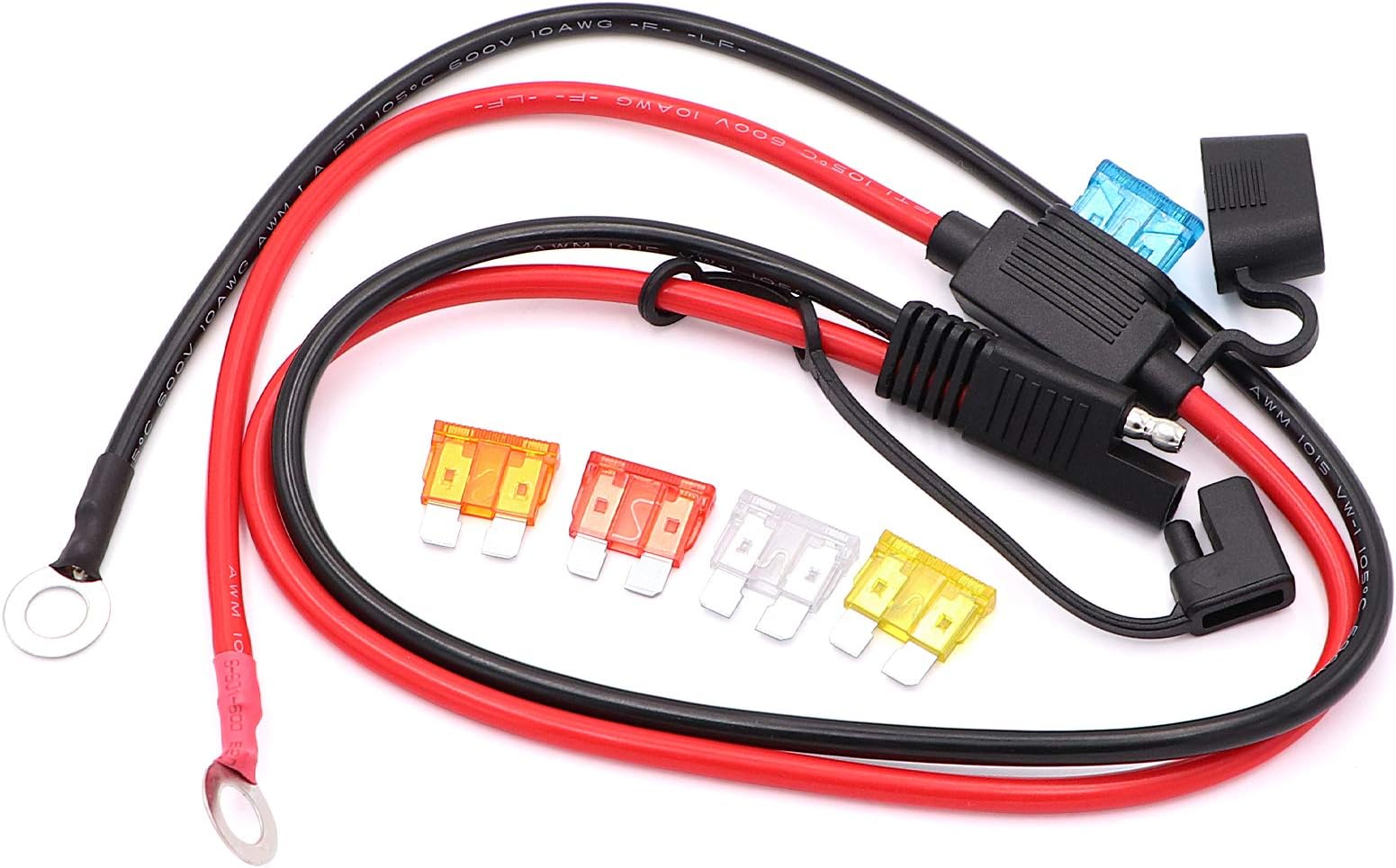 2FT SAE to O Ring Terminal Harness Battery Extension Cable, with 5A 10A 15A 20A 25A Protection Fuse